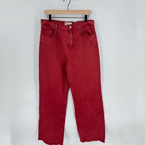 Zara High Rise Wide Leg Red Denim Jeans Raw Hem USA 12 Statement Street Style - Picture 5 of 5